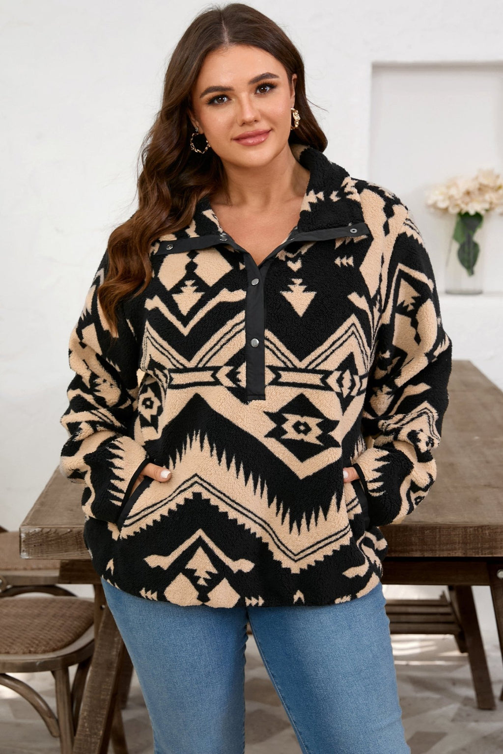 Plus Size Western Aztec Fleece Half Button Sweatshirt - Rooted & Reckless Co.