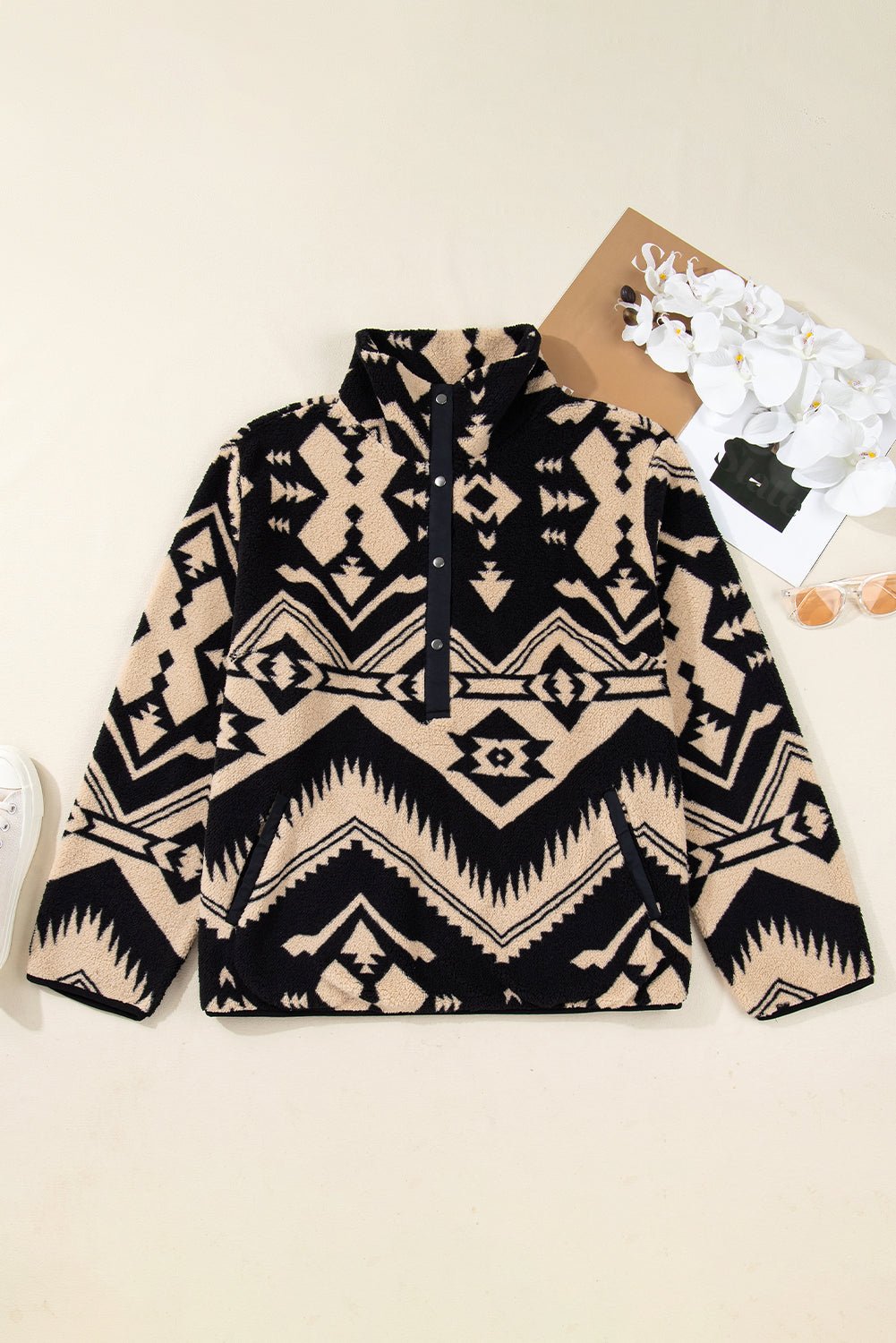 Plus Size Western Aztec Fleece Half Button Sweatshirt - Rooted & Reckless Co.