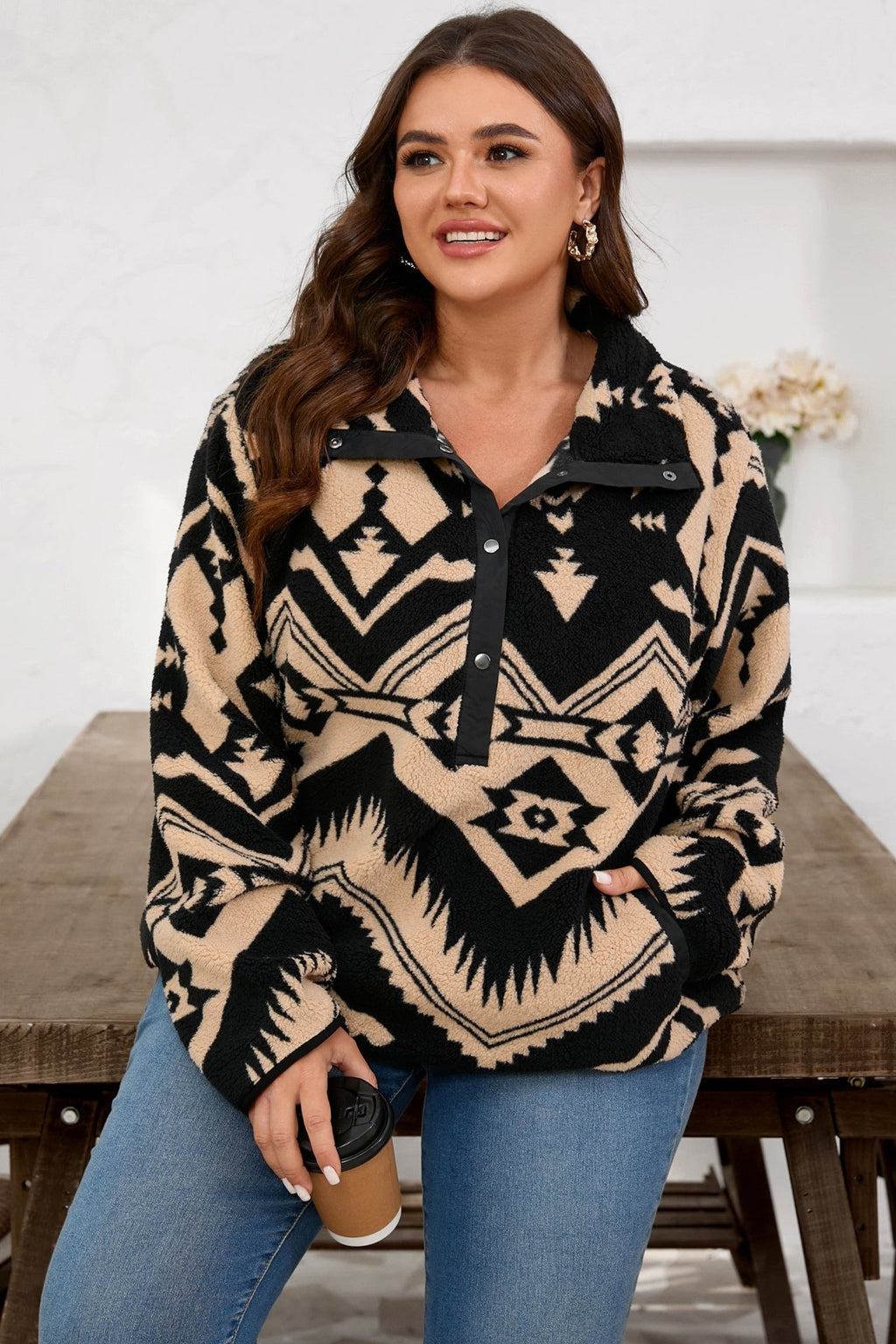 Plus Size Western Aztec Fleece Half Button Sweatshirt - Rooted & Reckless Co.