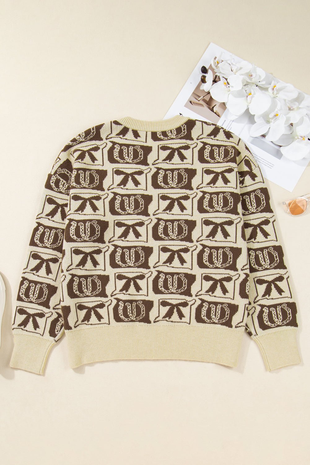 Plus Size Western Bows & Horseshoes Long Sleeve Sweater - Rooted & Reckless Co.