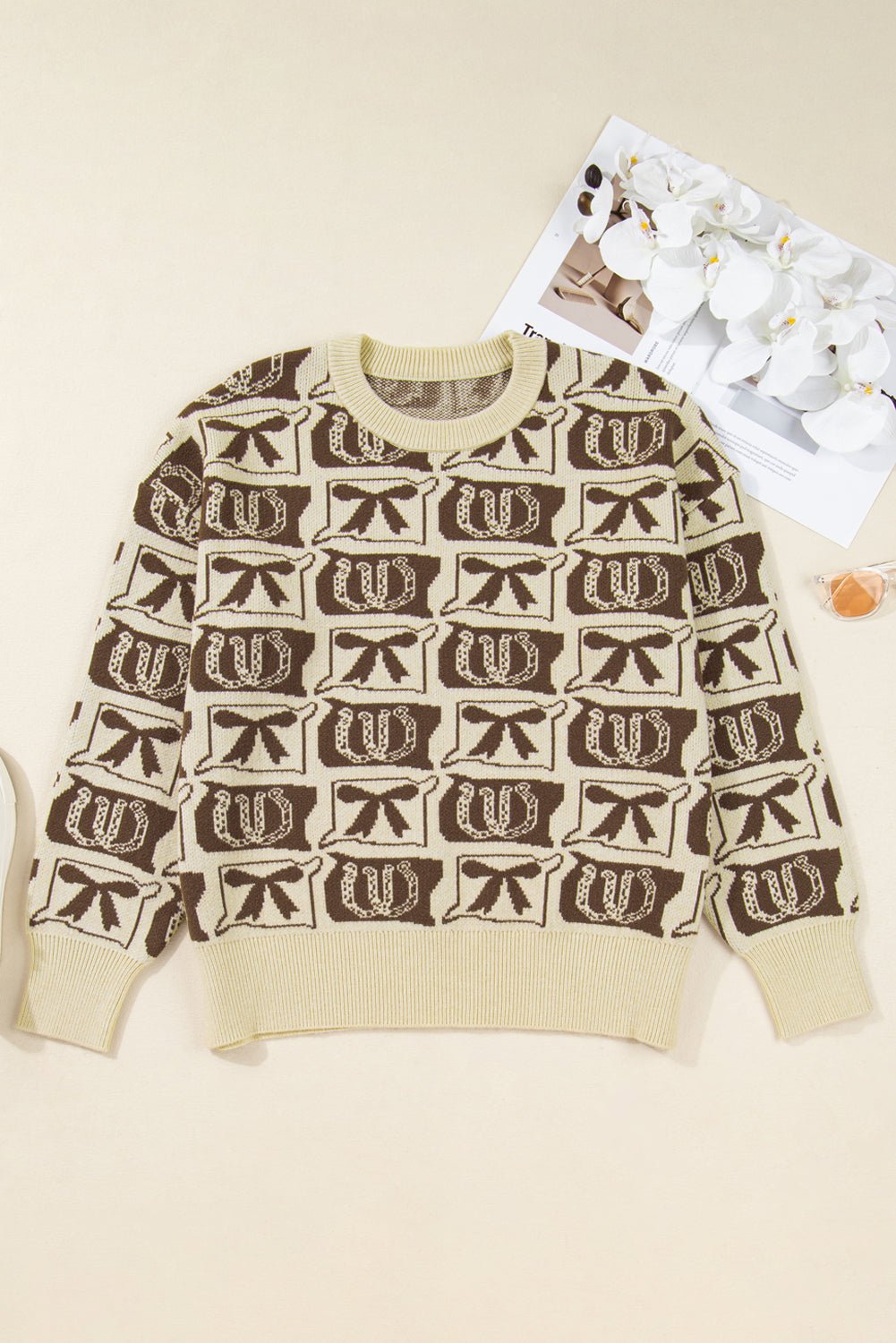 Plus Size Western Bows & Horseshoes Long Sleeve Sweater - Rooted & Reckless Co.