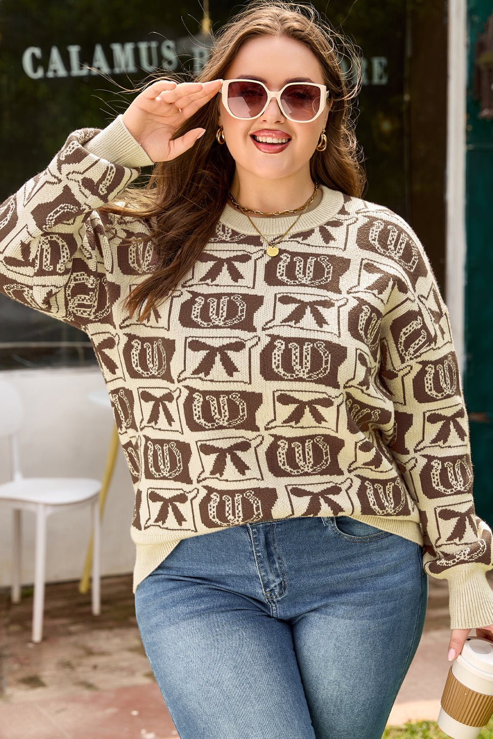 Plus Size Western Bows & Horseshoes Long Sleeve Sweater - Rooted & Reckless Co.