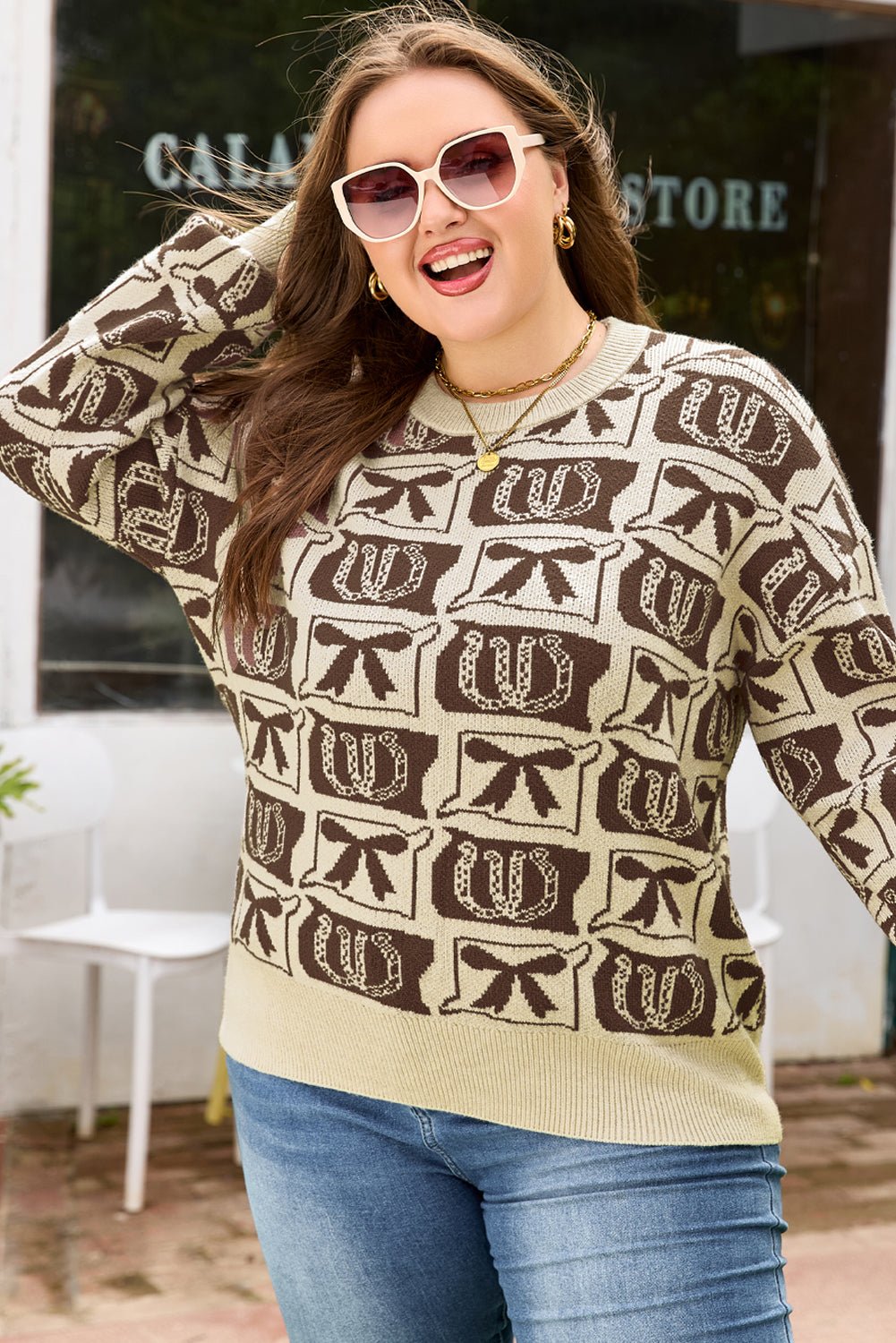 Plus Size Western Bows & Horseshoes Long Sleeve Sweater - Rooted & Reckless Co.