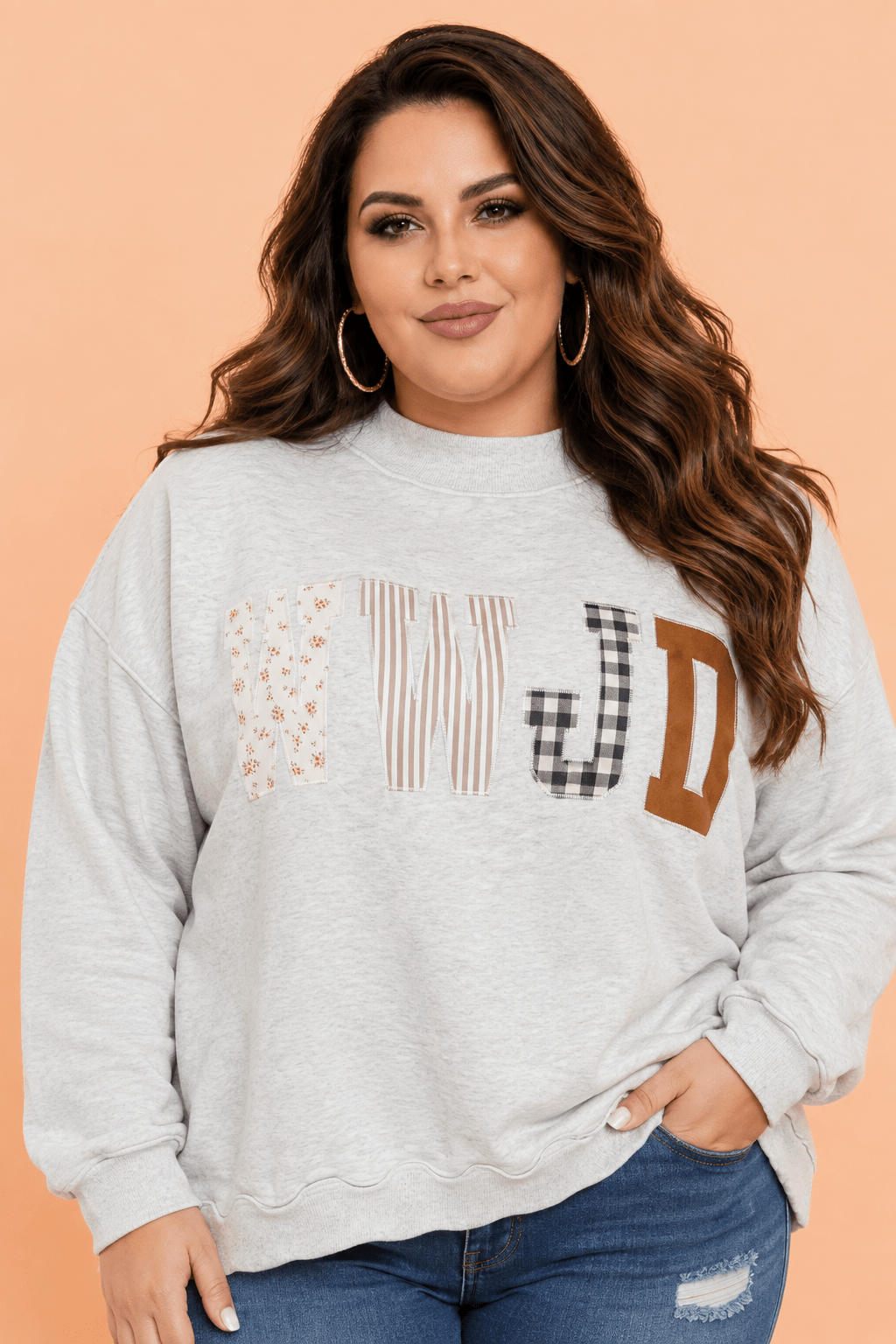 Plus Size WWJD Letter Patch Exposed Seam Sweatshirt - Rooted & Reckless Co.