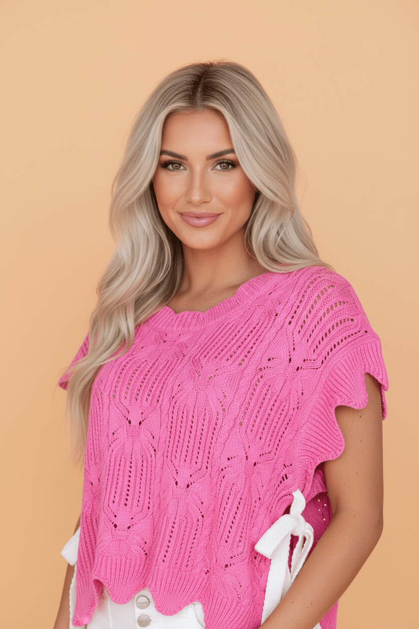 Pointelle Knit Scallop Trim Short Sleeve Sweater - Rooted & Reckless Co.