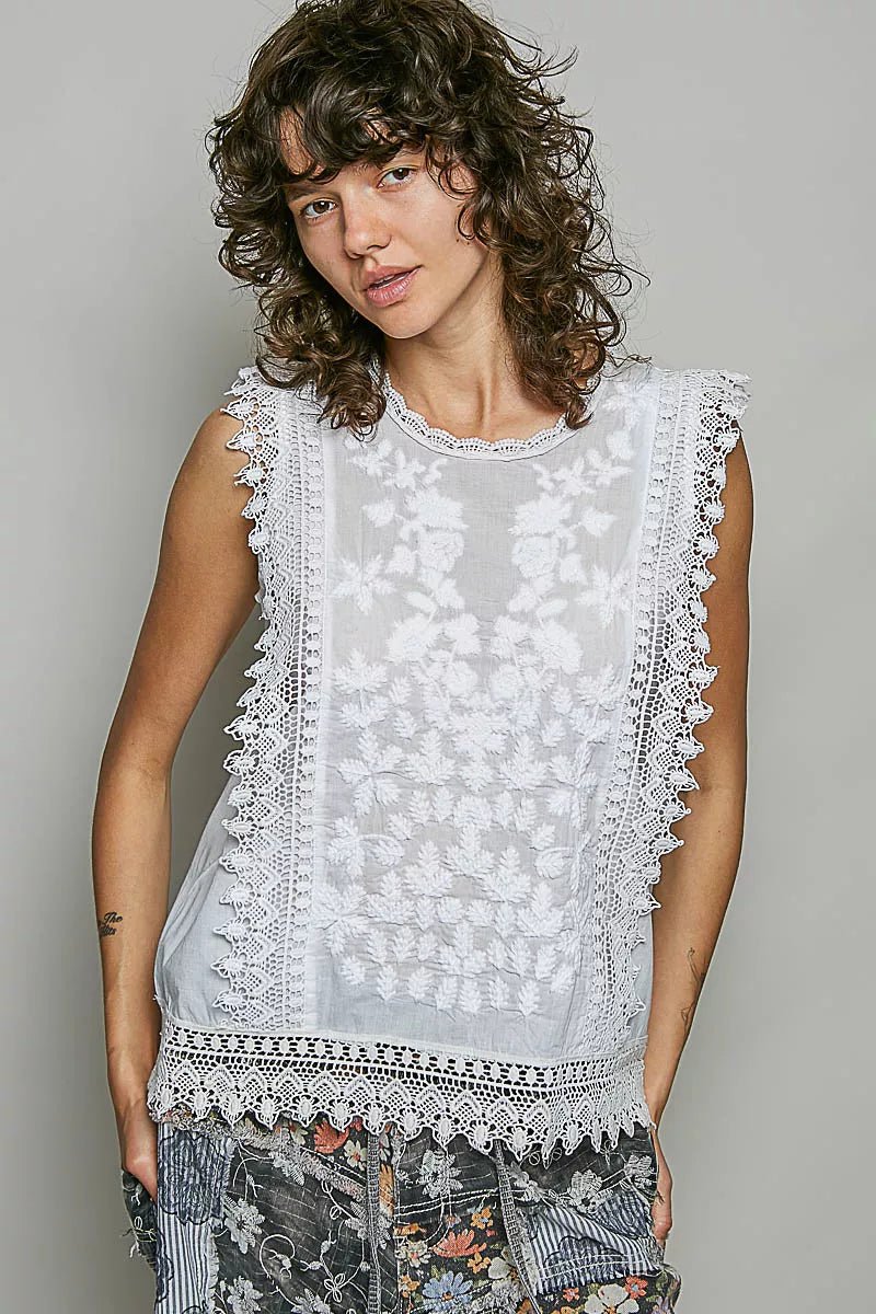 POL Allover Botanical Embroidered Scalloped Lace Sleeveless Top - Rooted & Reckless Co.