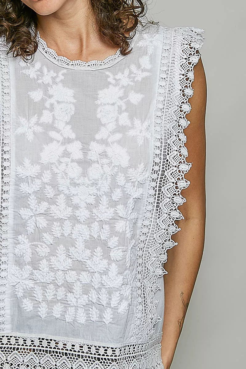 POL Allover Botanical Embroidered Scalloped Lace Sleeveless Top - Rooted & Reckless Co.