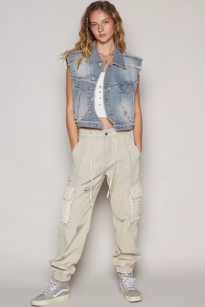 POL Assymetrical Front Closure Raw Hem Denim Vest - Rooted & Reckless Co.