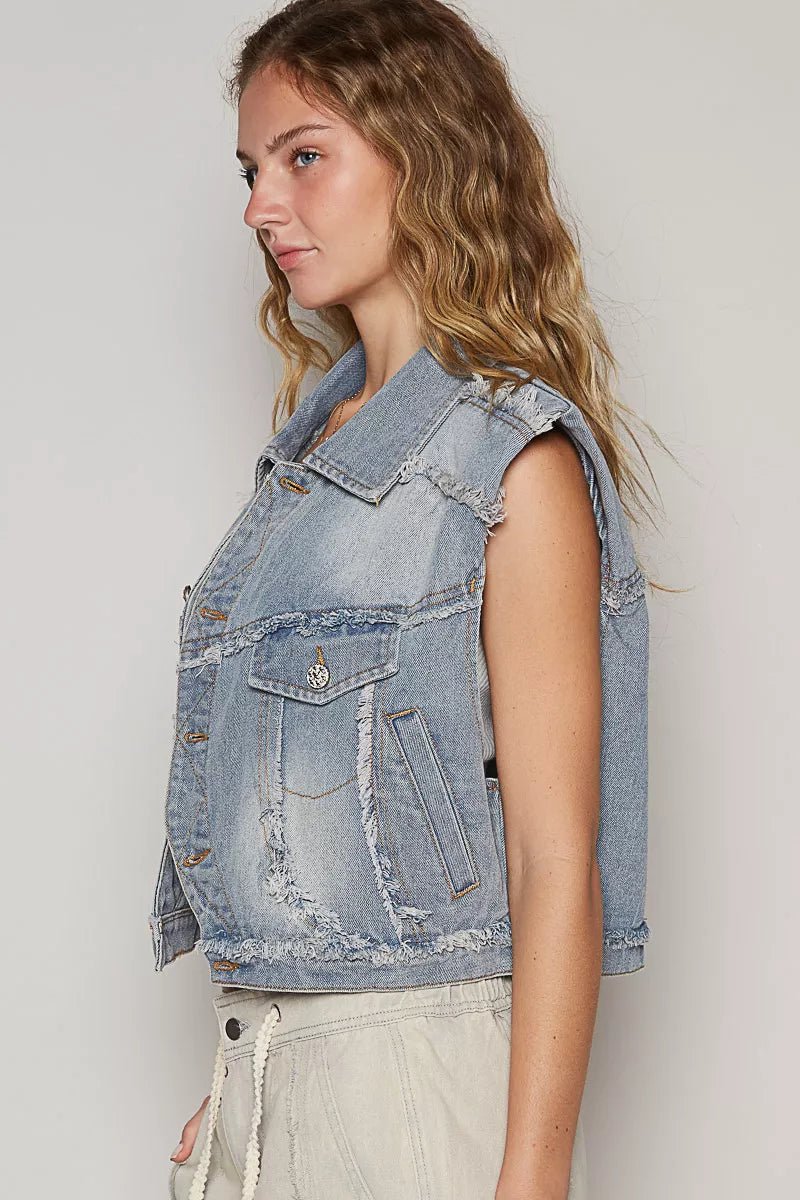 POL Assymetrical Front Closure Raw Hem Denim Vest - Rooted & Reckless Co.