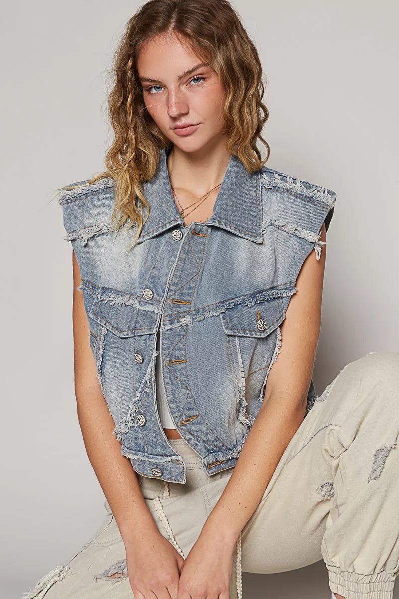 POL Assymetrical Front Closure Raw Hem Denim Vest - Rooted & Reckless Co.