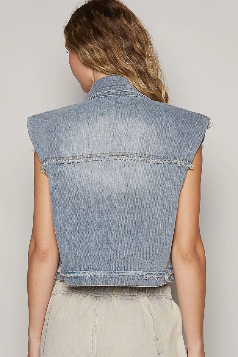 POL Assymetrical Front Closure Raw Hem Denim Vest - Rooted & Reckless Co.