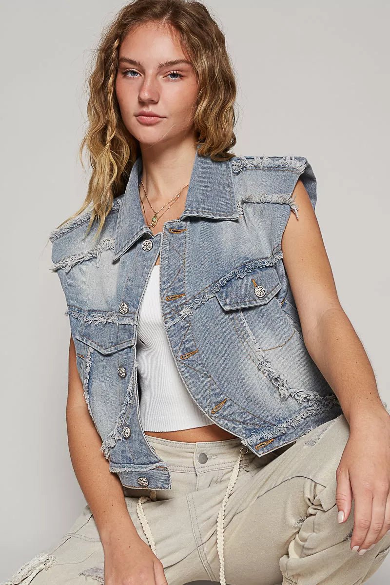 POL Assymetrical Front Closure Raw Hem Denim Vest - Rooted & Reckless Co.