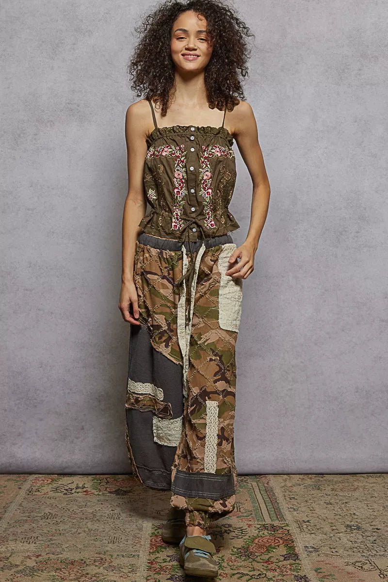 POL Button Down Floral Embroidered Cropped Cami with Lace Detail - Rooted & Reckless Co.