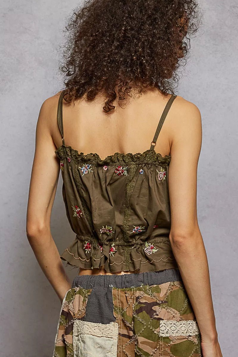 POL Button Down Floral Embroidered Cropped Cami with Lace Detail - Rooted & Reckless Co.