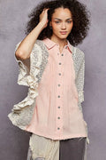 POL Button Down Front Pleated Shirt with Crochet Patch - Rooted & Reckless Co.