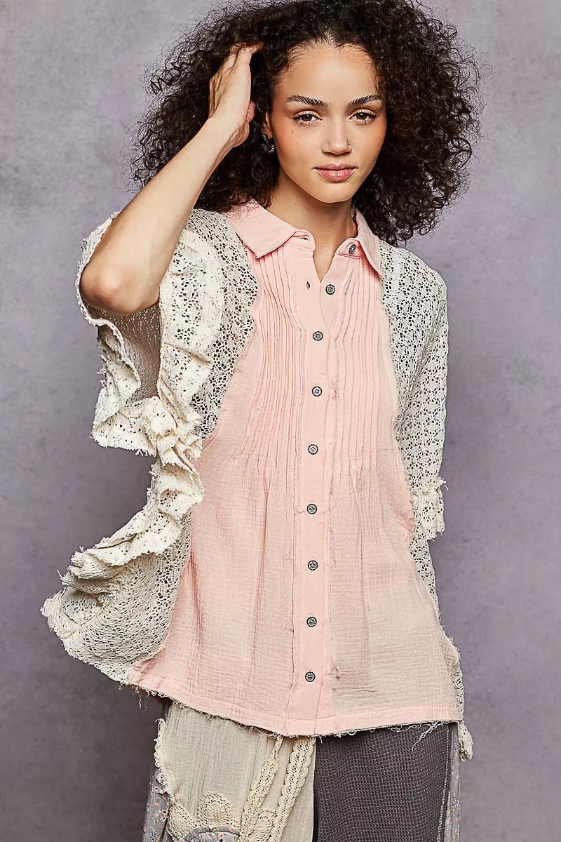 POL Button Down Front Pleated Shirt with Crochet Patch - Rooted & Reckless Co.