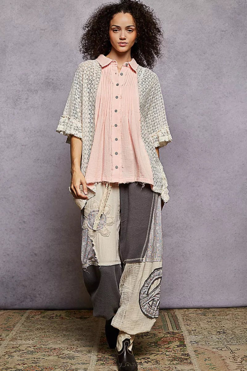POL Button Down Front Pleated Shirt with Crochet Patch - Rooted & Reckless Co.