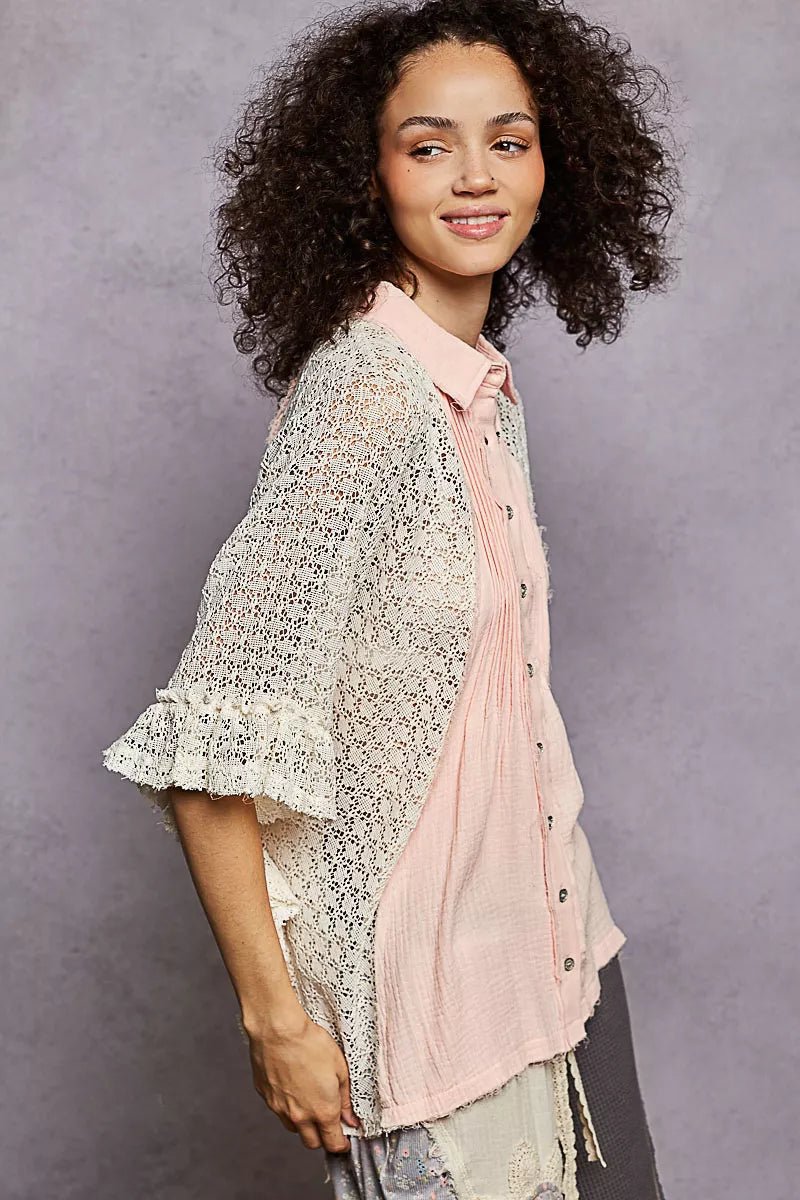 POL Button Down Front Pleated Shirt with Crochet Patch - Rooted & Reckless Co.