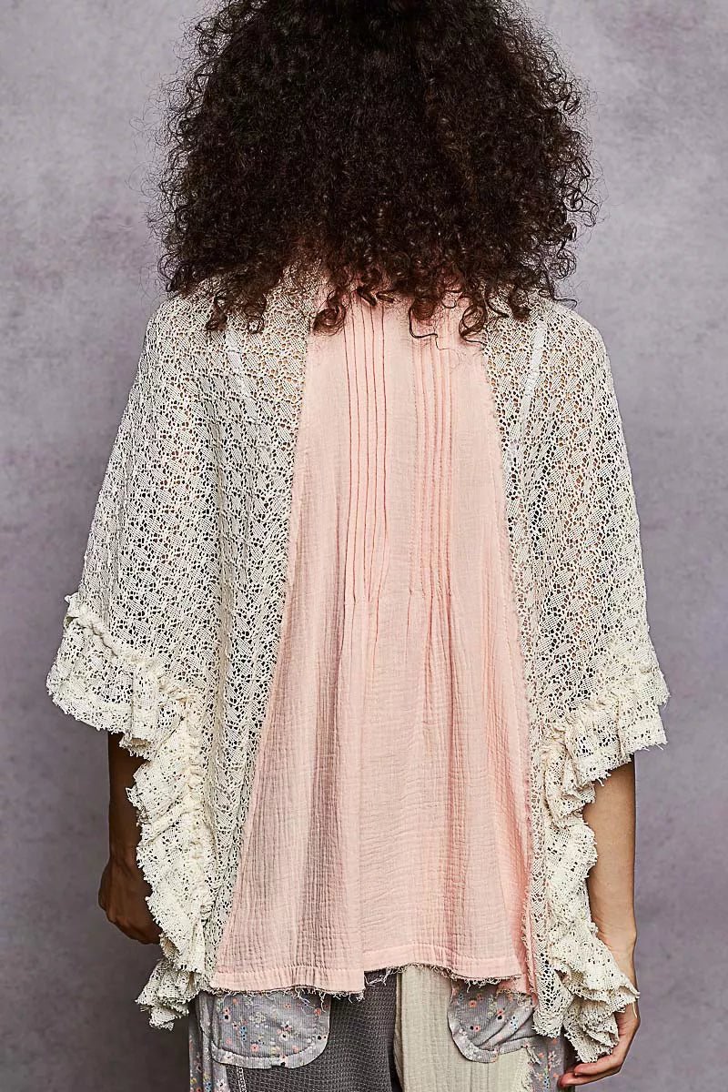 POL Button Down Front Pleated Shirt with Crochet Patch - Rooted & Reckless Co.