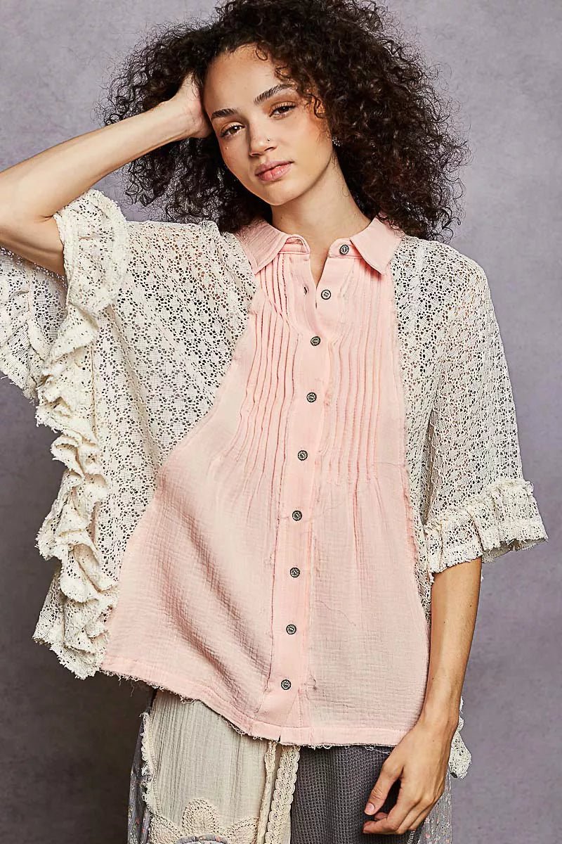 POL Button Down Front Pleated Shirt with Crochet Patch - Rooted & Reckless Co.