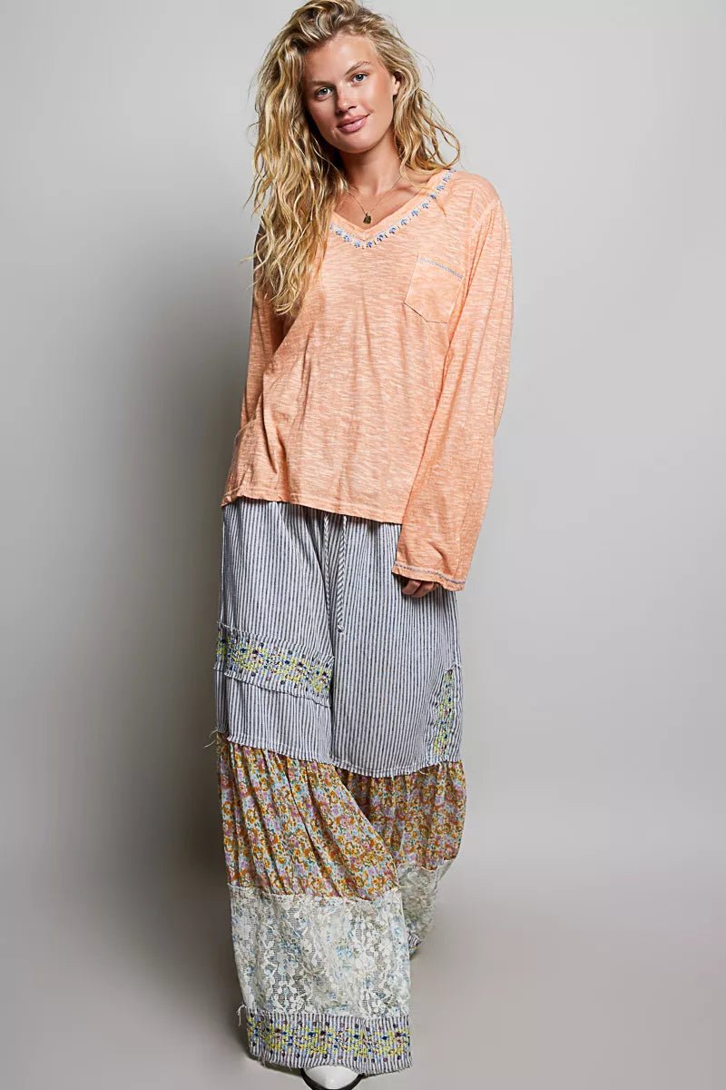 POL Contrast Stitch V-Neck Lightweight Knit Long Sleeve Top - Rooted & Reckless Co.