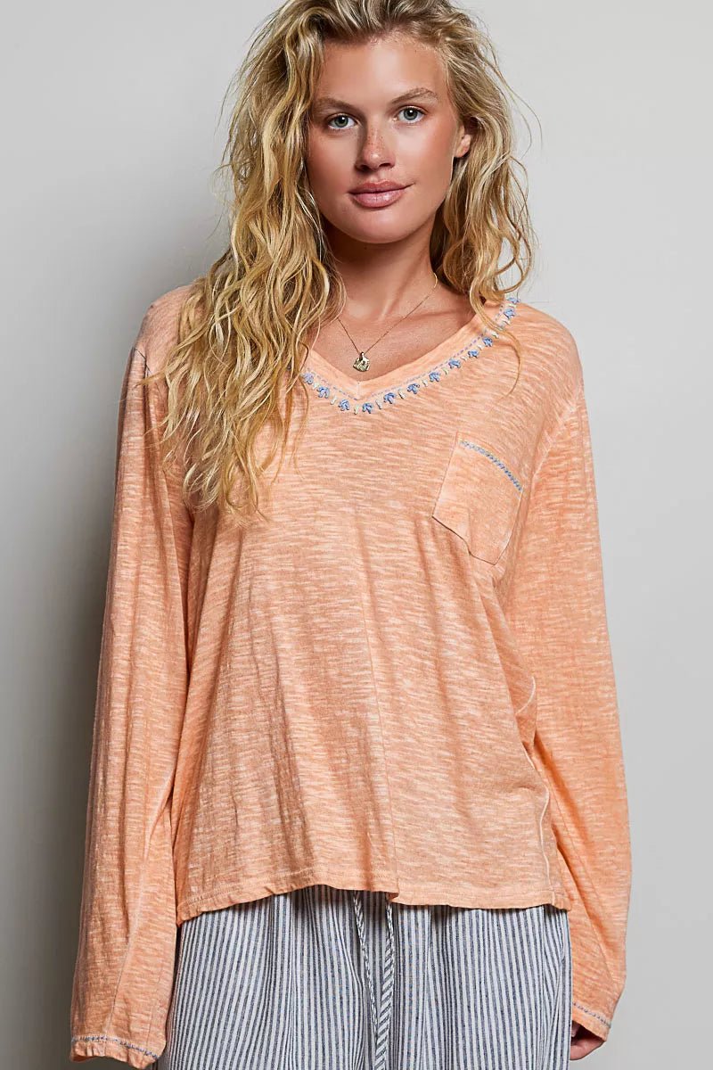 POL Contrast Stitch V-Neck Lightweight Knit Long Sleeve Top - Rooted & Reckless Co.
