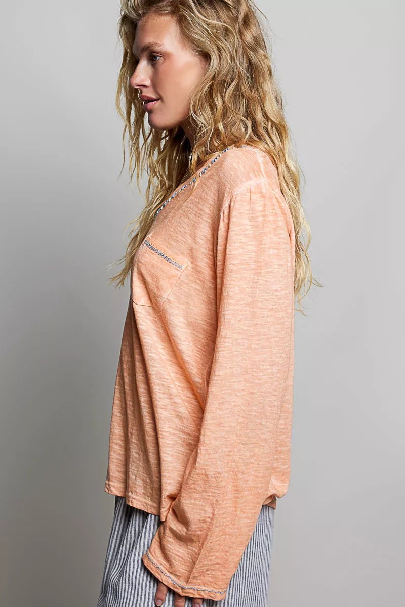 POL Contrast Stitch V-Neck Lightweight Knit Long Sleeve Top - Rooted & Reckless Co.