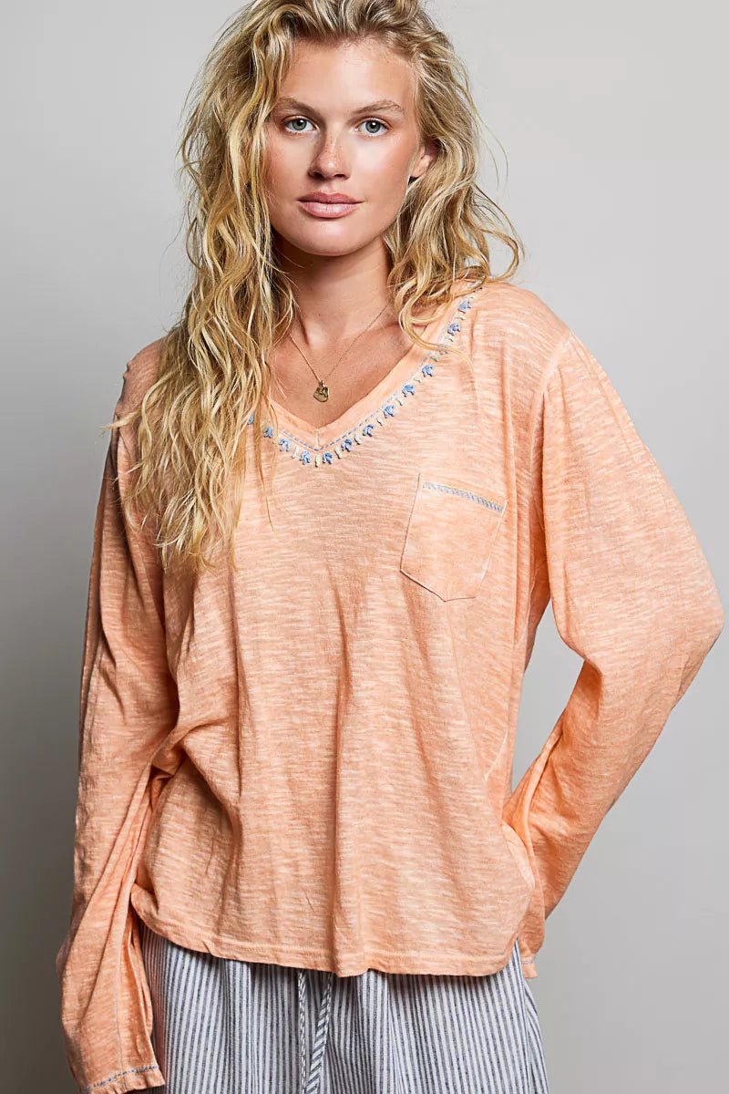 POL Contrast Stitch V-Neck Lightweight Knit Long Sleeve Top - Rooted & Reckless Co.