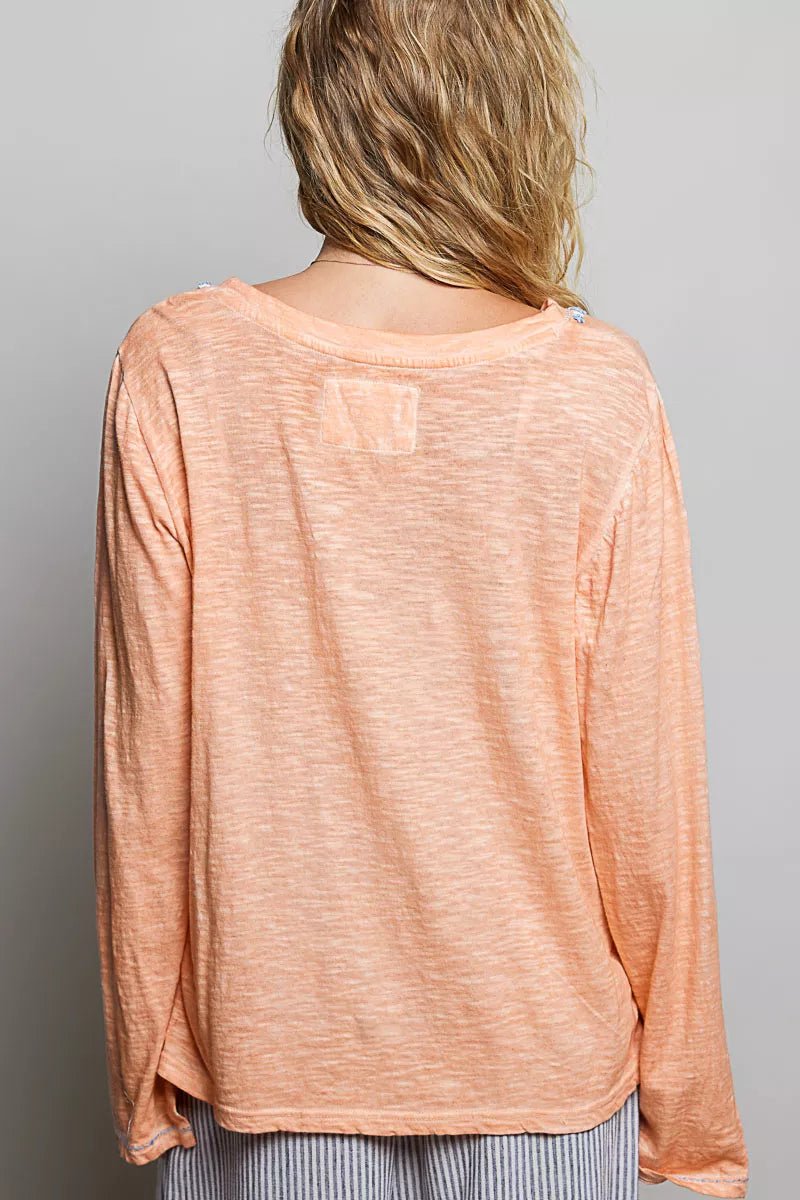 POL Contrast Stitch V-Neck Lightweight Knit Long Sleeve Top - Rooted & Reckless Co.