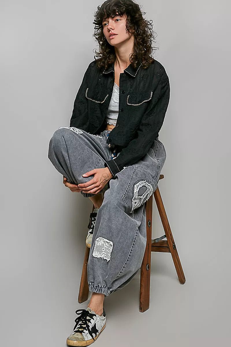 POL Cropped Button-Front Eyelet Cotton Jacket - Rooted & Reckless Co.