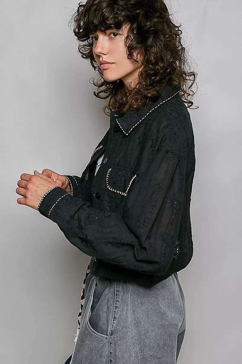 POL Cropped Button-Front Eyelet Cotton Jacket - Rooted & Reckless Co.