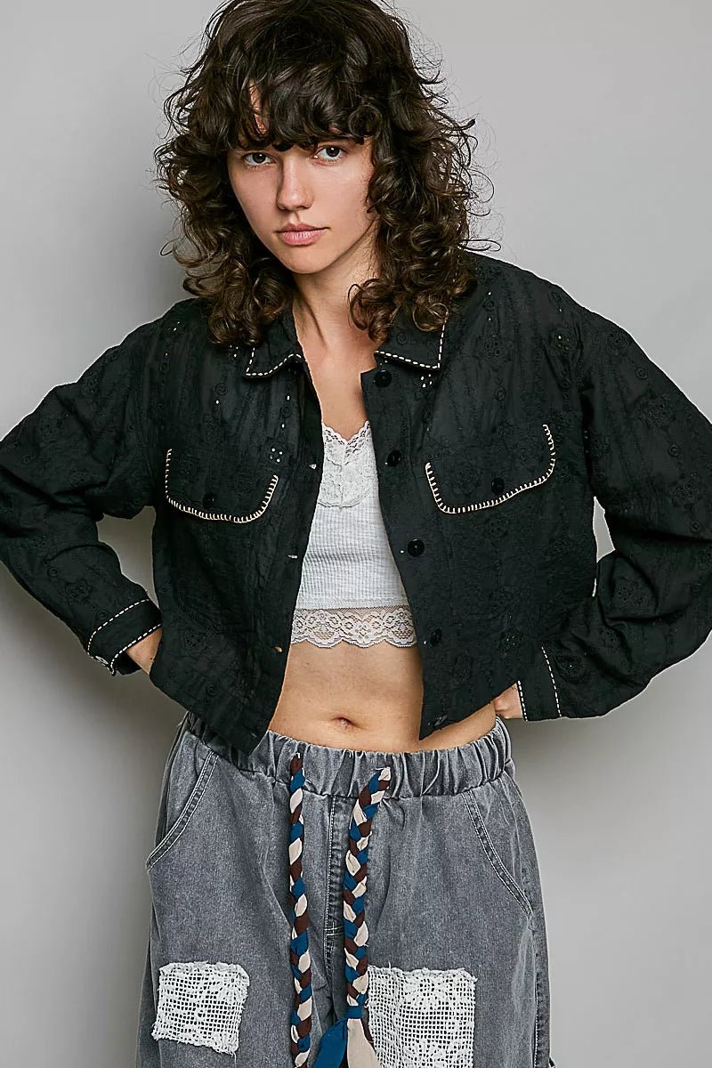 POL Cropped Button-Front Eyelet Cotton Jacket - Rooted & Reckless Co.