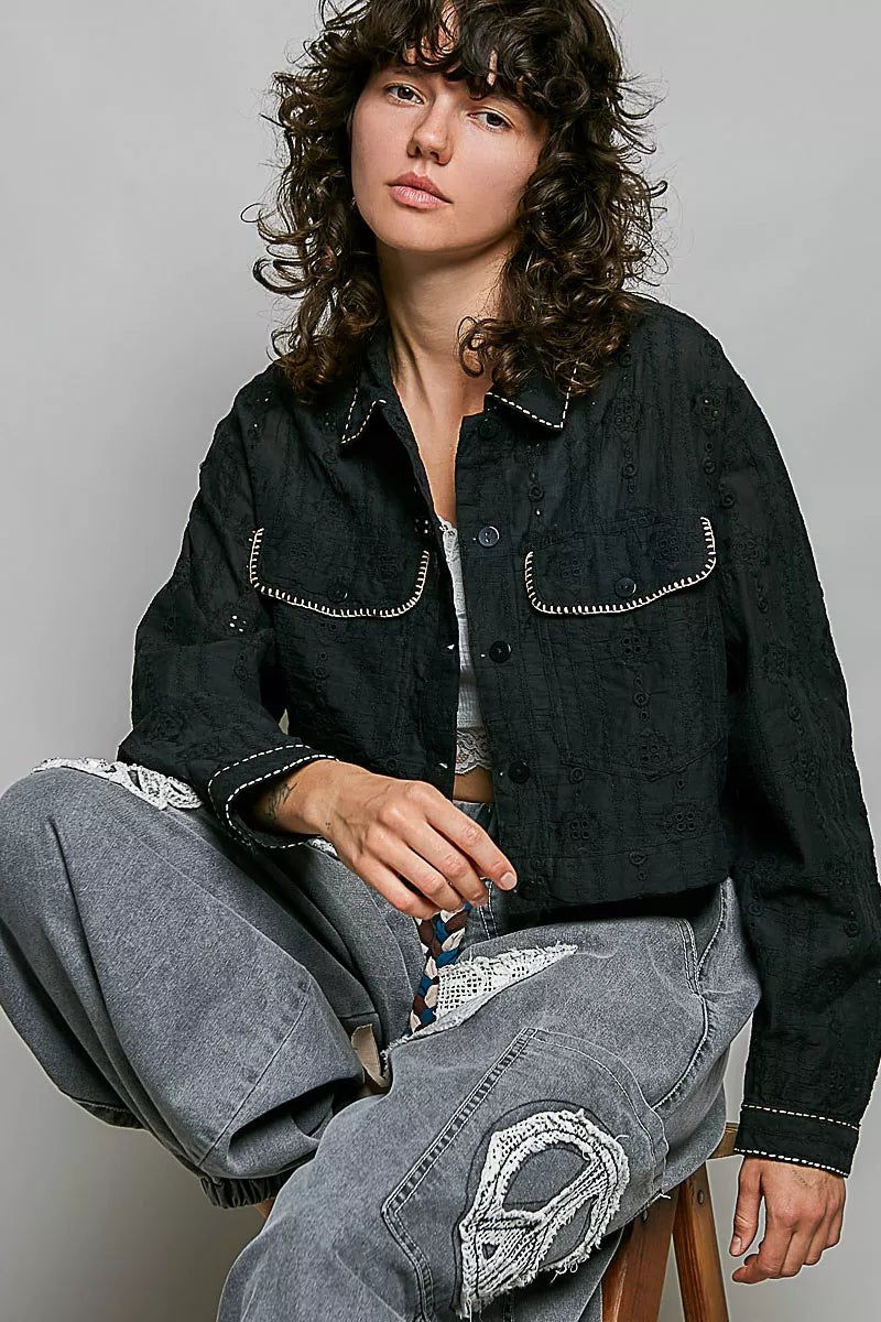 POL Cropped Button-Front Eyelet Cotton Jacket - Rooted & Reckless Co.