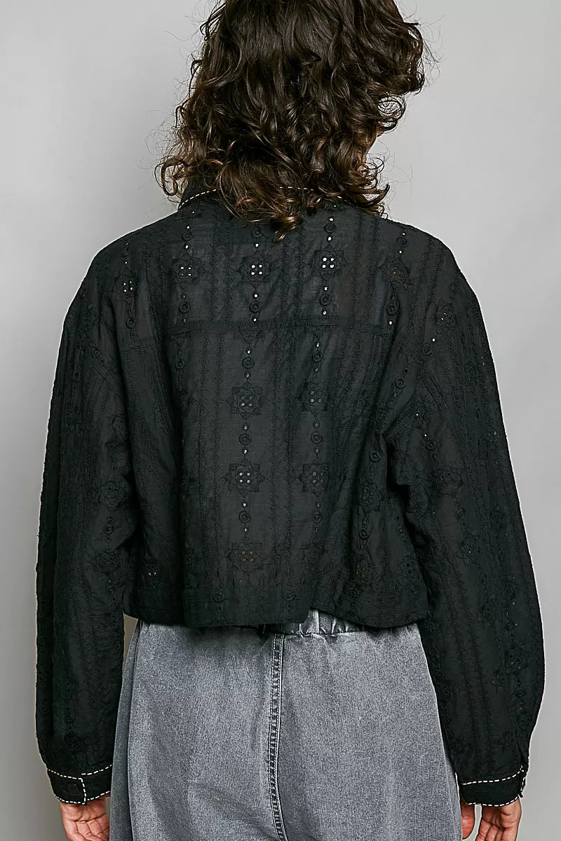 POL Cropped Button-Front Eyelet Cotton Jacket - Rooted & Reckless Co.