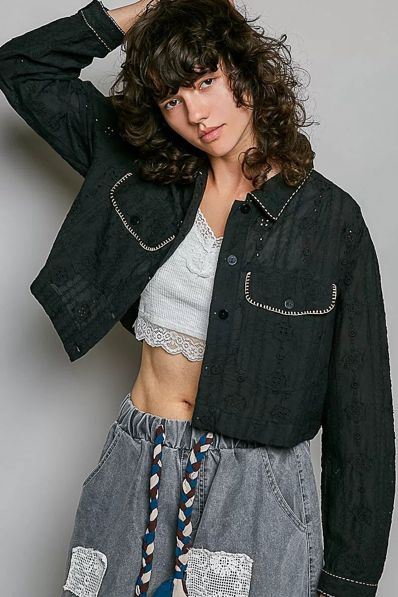 POL Cropped Button-Front Eyelet Cotton Jacket - Rooted & Reckless Co.