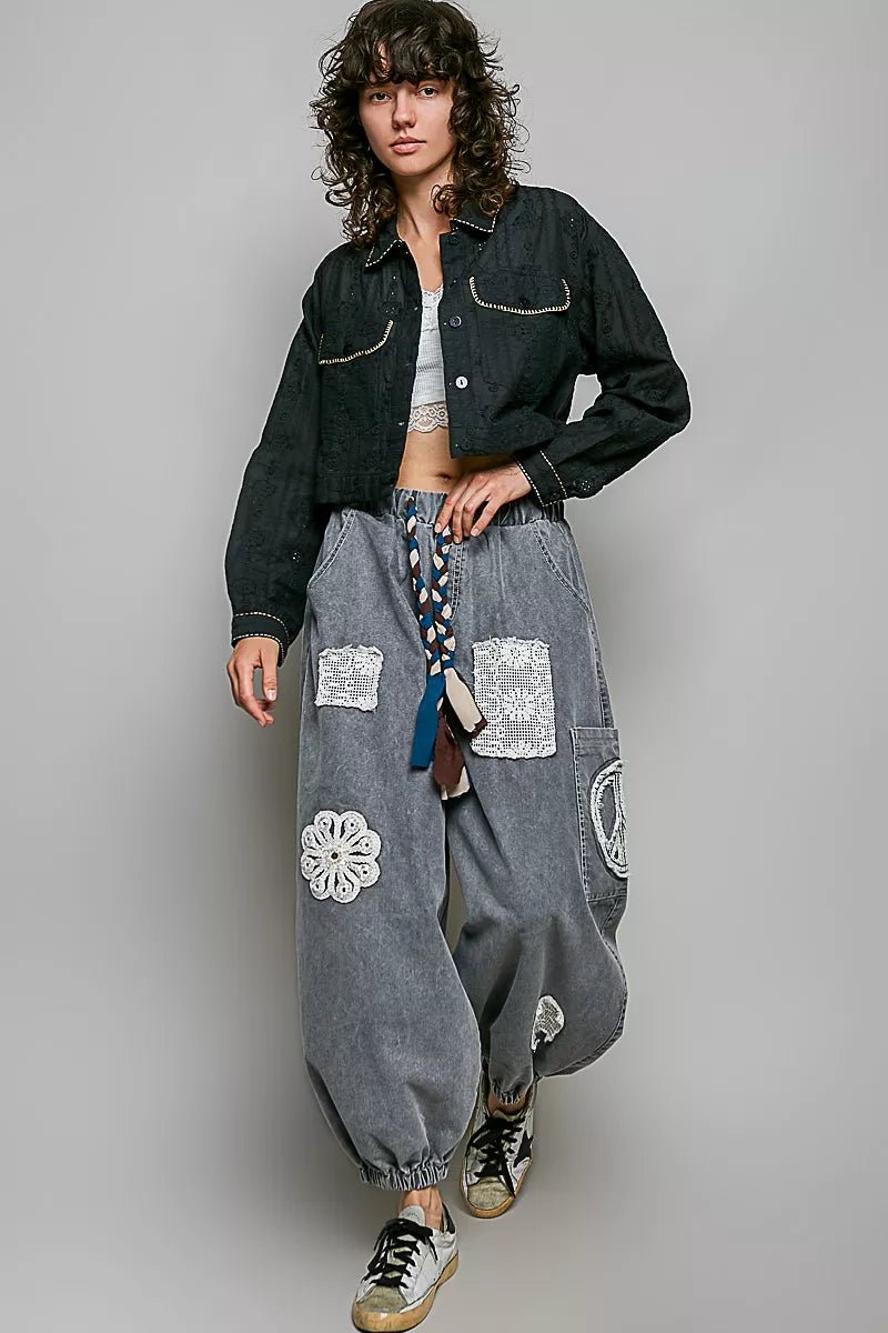 POL Cropped Button-Front Eyelet Cotton Jacket - Rooted & Reckless Co.