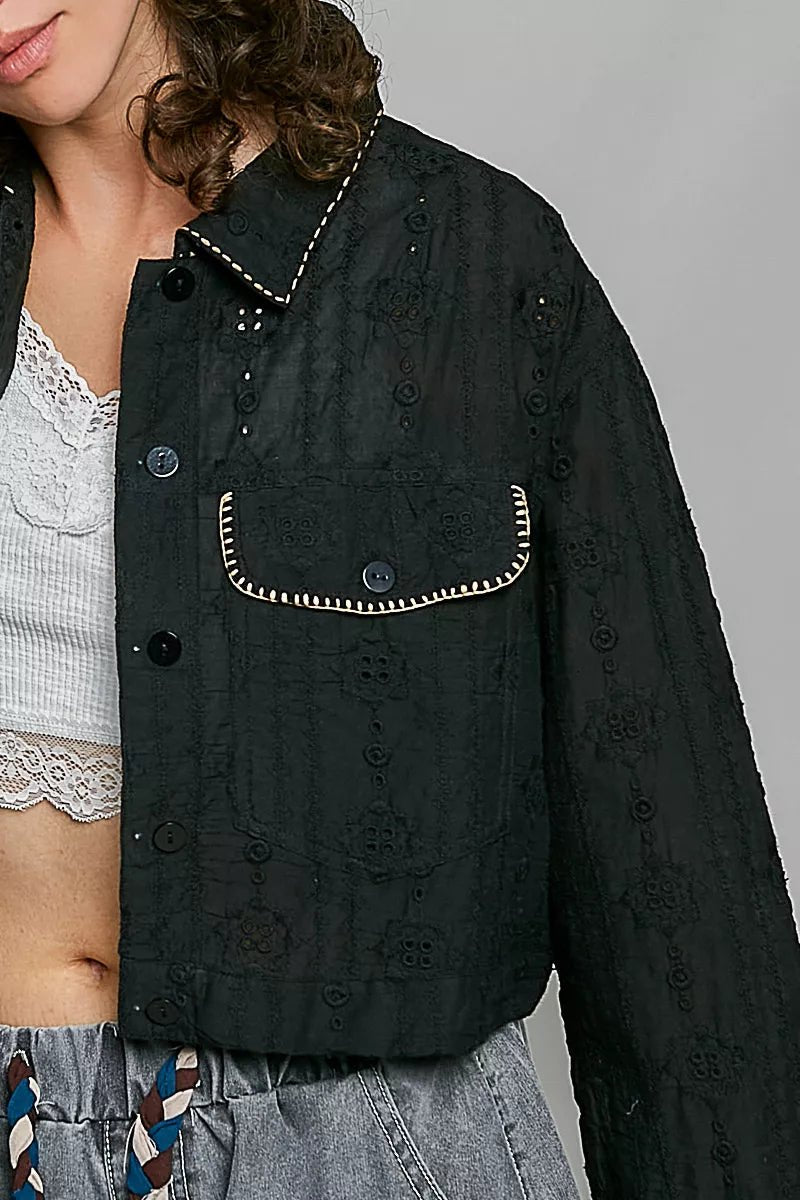 POL Cropped Button-Front Eyelet Cotton Jacket - Rooted & Reckless Co.