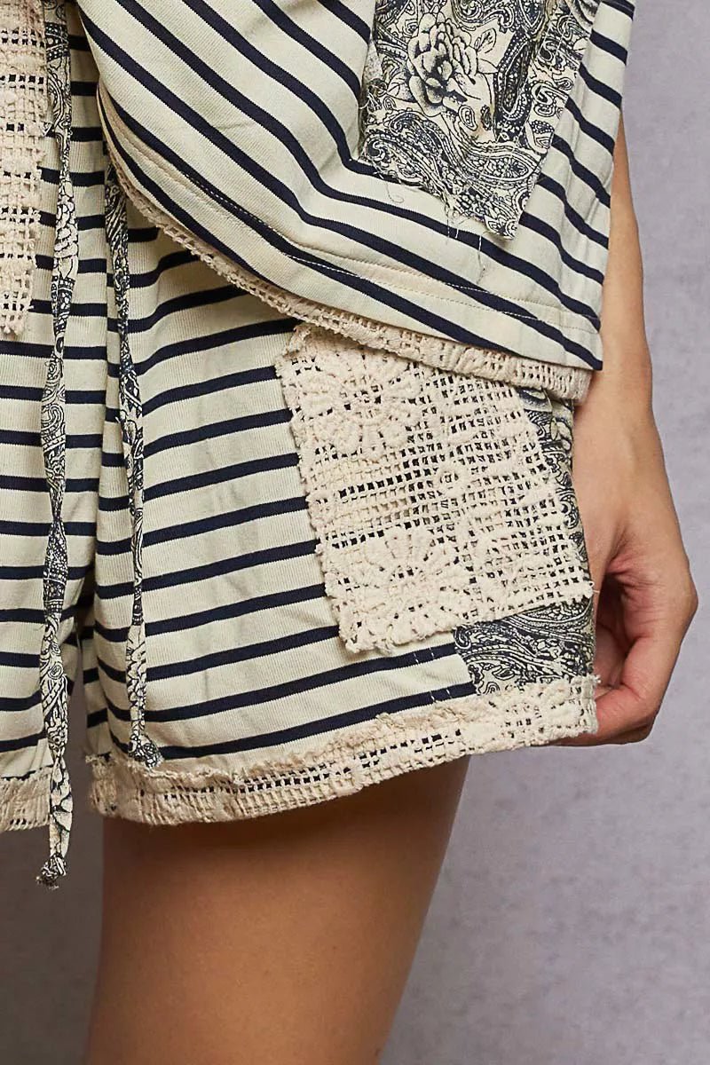 POL Drawstring Striped Shorts with Paisley and Crochet Patch Details - Rooted & Reckless Co.