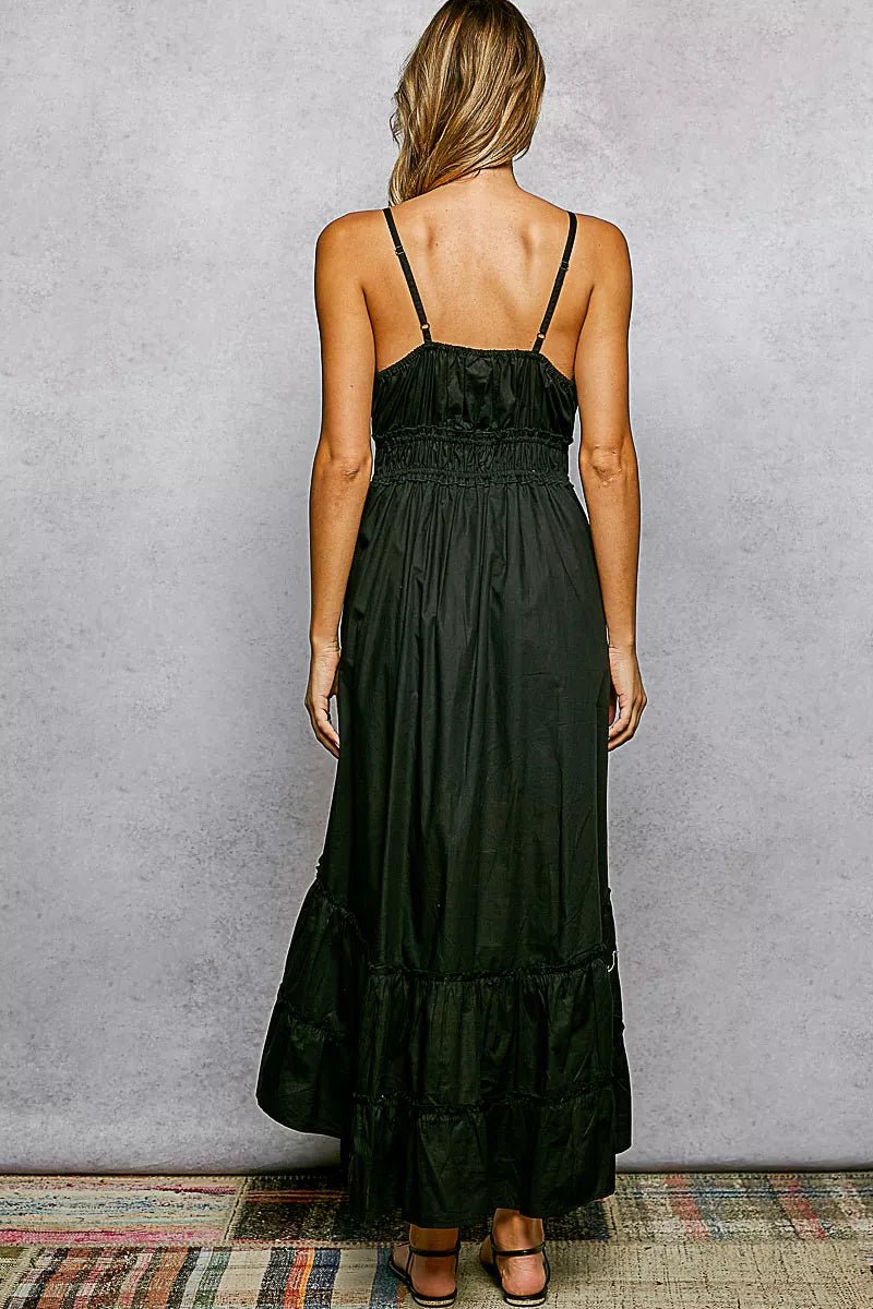 POL Embroidered Detail Tassel Tie Smocked Waist Midi Tiered Cami Dress - Rooted & Reckless Co.