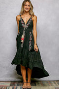 POL Embroidered Detail Tassel Tie Smocked Waist Midi Tiered Cami Dress - Rooted & Reckless Co.