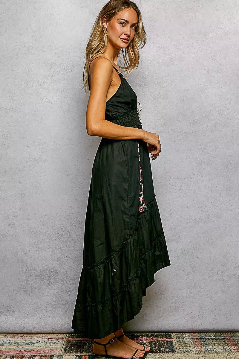 POL Embroidered Detail Tassel Tie Smocked Waist Midi Tiered Cami Dress - Rooted & Reckless Co.