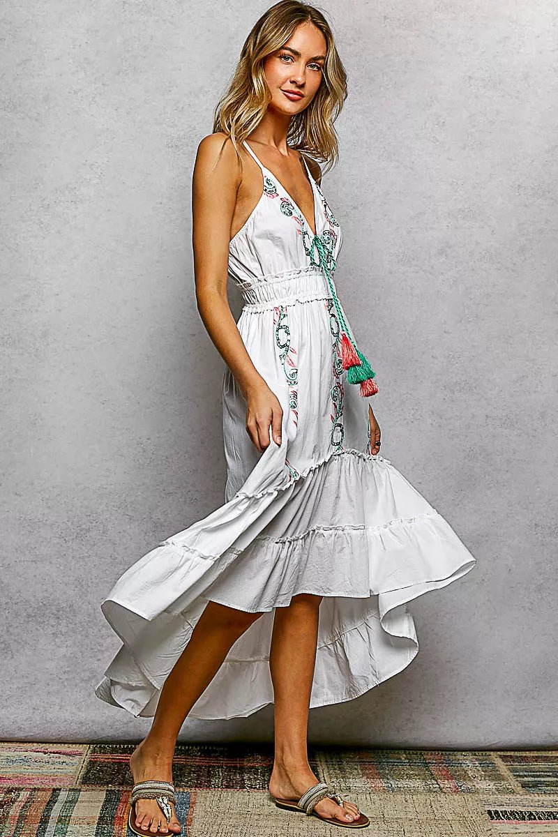 POL Embroidered Detail Tassel Tie Smocked Waist Midi Tiered Cami Dress - Rooted & Reckless Co.