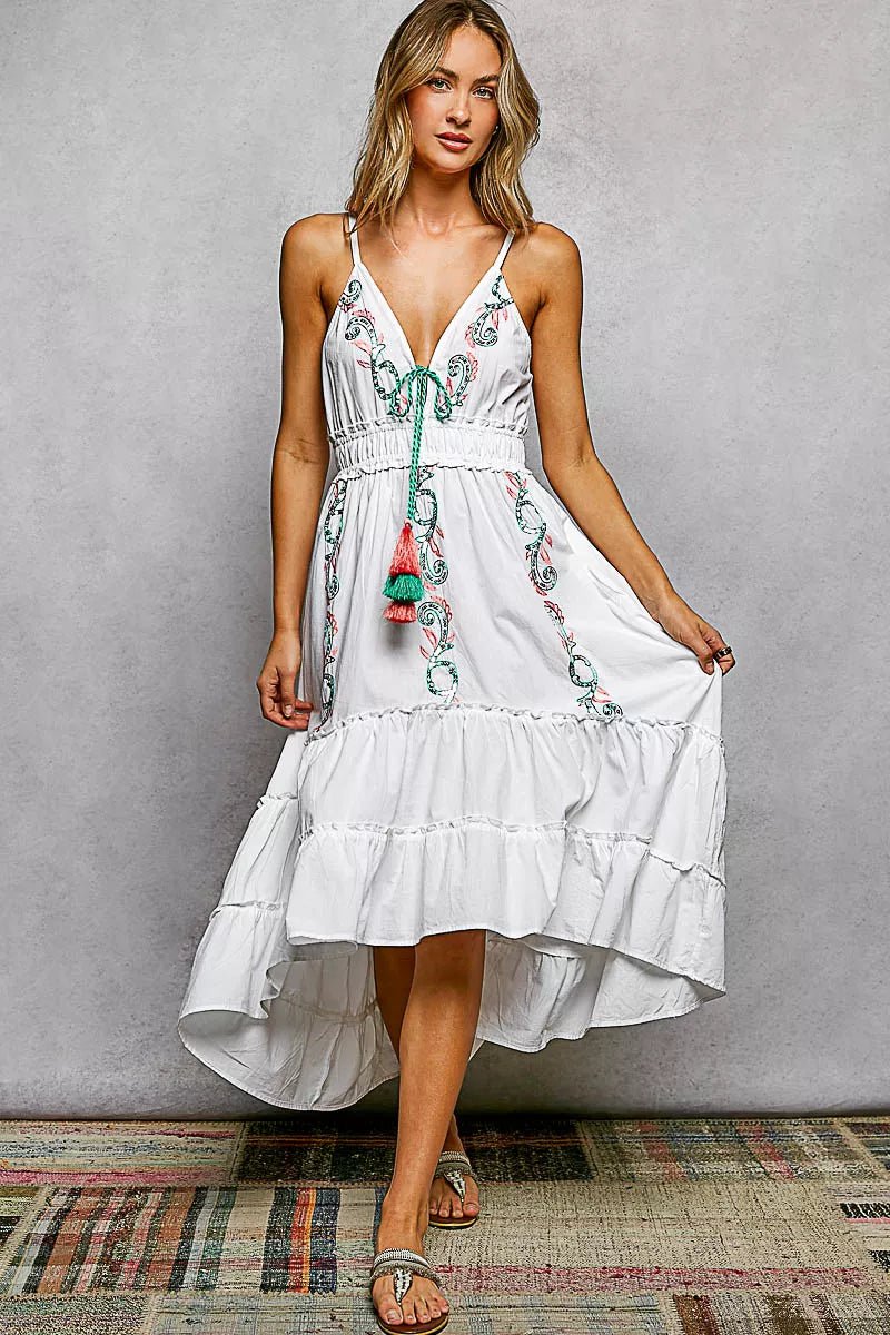 POL Embroidered Detail Tassel Tie Smocked Waist Midi Tiered Cami Dress - Rooted & Reckless Co.