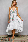 POL Embroidered Detail Tassel Tie Smocked Waist Midi Tiered Cami Dress - Rooted & Reckless Co.