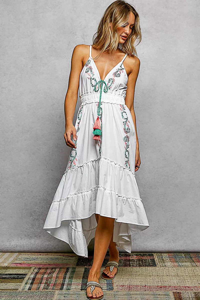 POL Embroidered Detail Tassel Tie Smocked Waist Midi Tiered Cami Dress - Rooted & Reckless Co.
