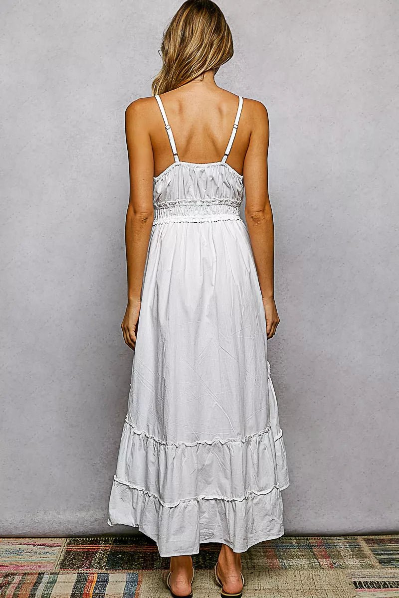 POL Embroidered Detail Tassel Tie Smocked Waist Midi Tiered Cami Dress - Rooted & Reckless Co.