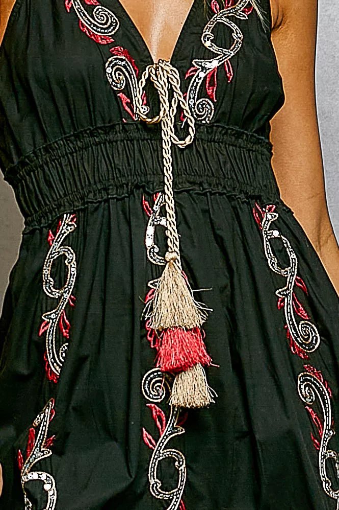 POL Embroidered Detail Tassel Tie Smocked Waist Midi Tiered Cami Dress - Rooted & Reckless Co.
