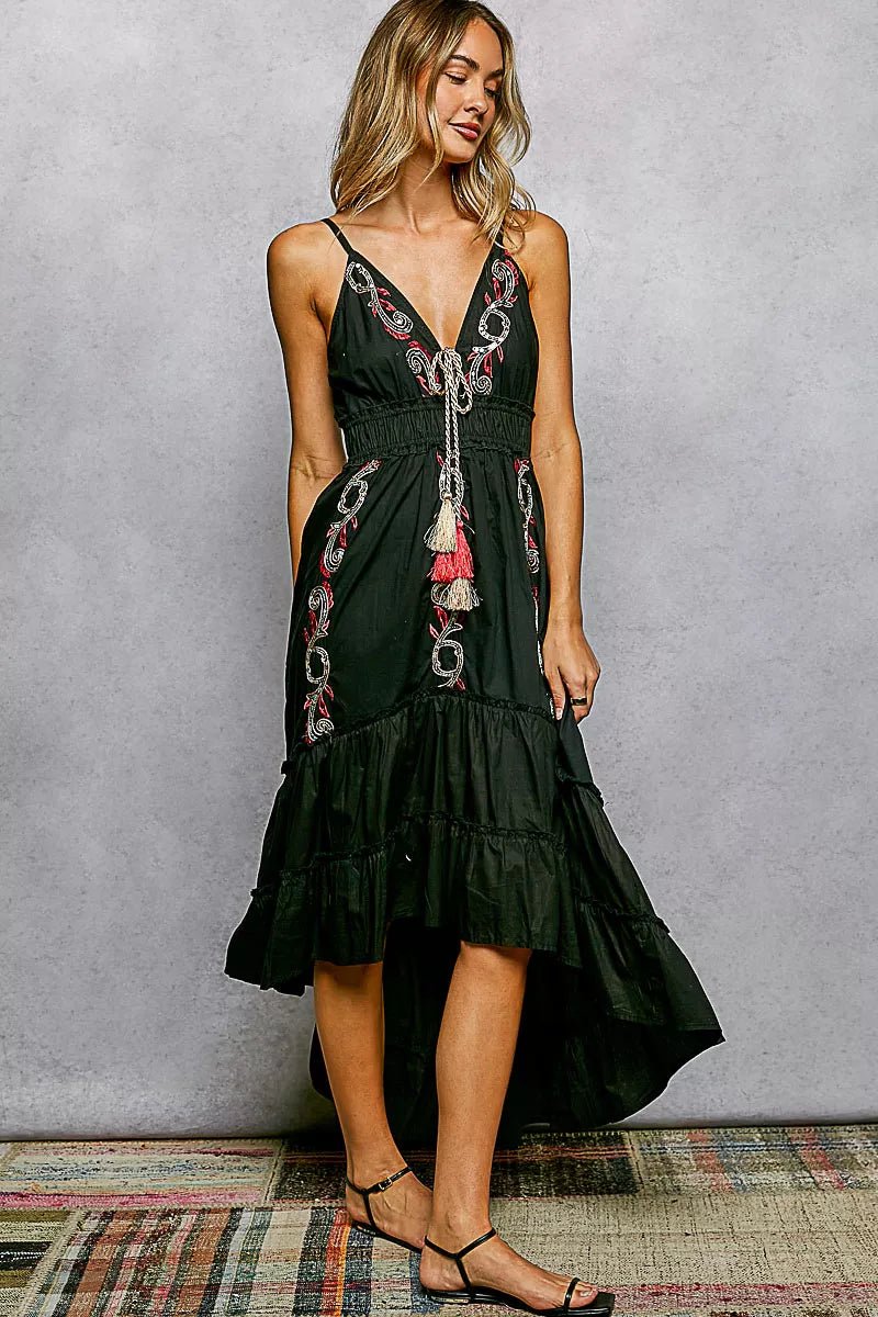 POL Embroidered Detail Tassel Tie Smocked Waist Midi Tiered Cami Dress - Rooted & Reckless Co.