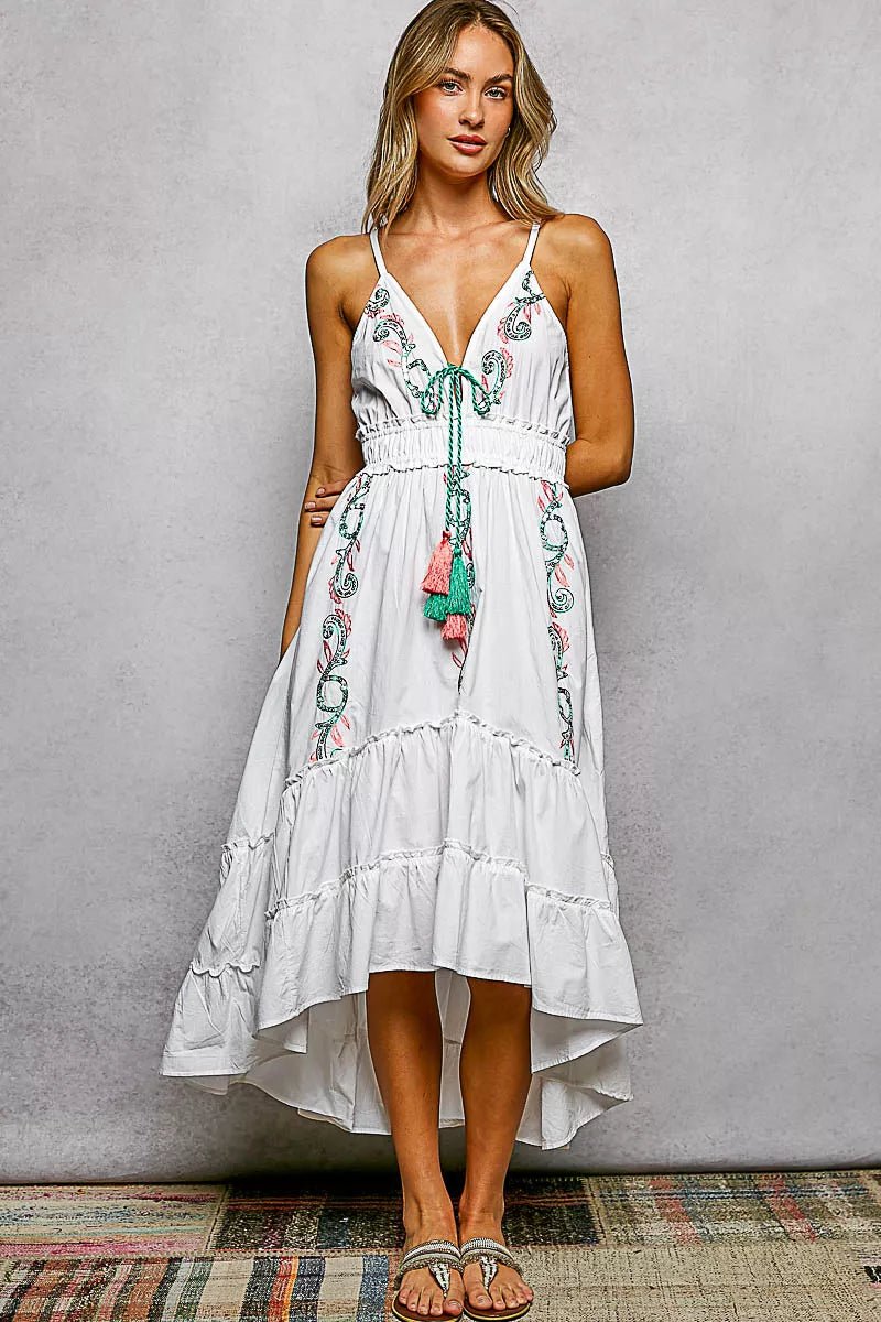 POL Embroidered Detail Tassel Tie Smocked Waist Midi Tiered Cami Dress - Rooted & Reckless Co.