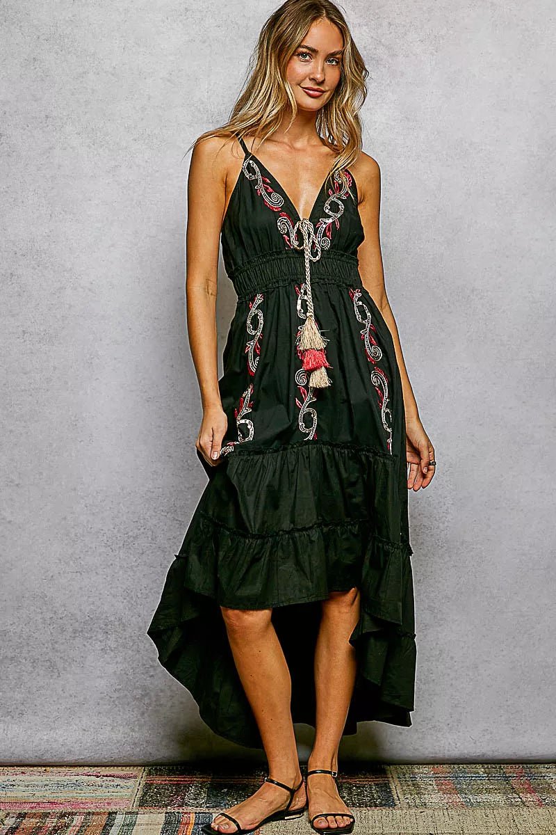 POL Embroidered Detail Tassel Tie Smocked Waist Midi Tiered Cami Dress - Rooted & Reckless Co.